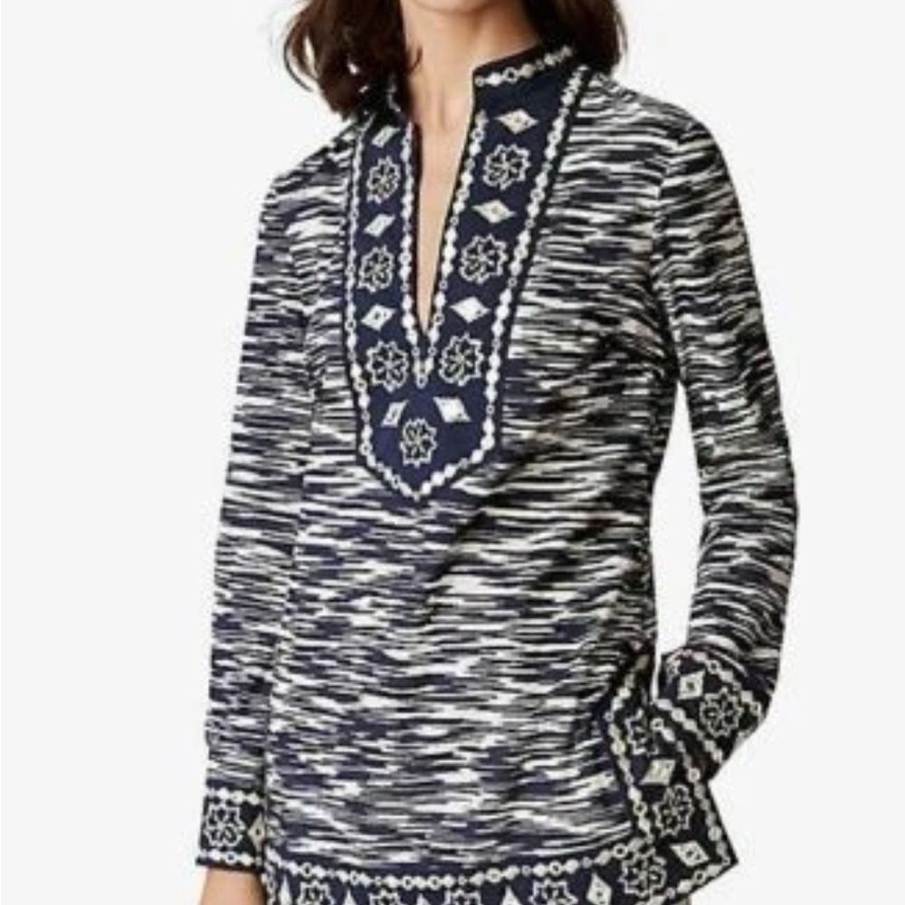 Tory Burch Embroidered Tunic Top Navy Boho Resort Cover Up Womens Size 0